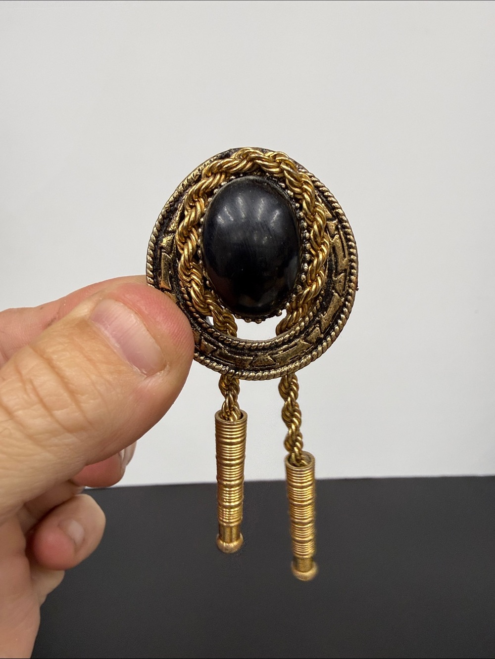 Gold-Tone Brooch with Black Cabochon and Tassel Drops